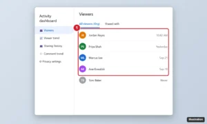 Online document Activity dashboard on the Viewers tab listing people in the organization with the date each last viewed the file