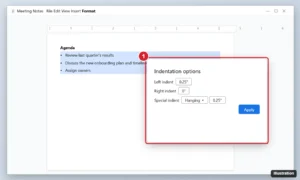 Online document with a bulleted list selected and the Indentation options dialog showing left indent and a hanging special indent