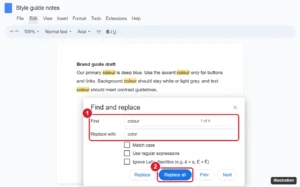 Online document editor with the Find and replace dialog open, Find set to colour and Replace with set to color, matches highlighted in the text and the Replace all button highlighted