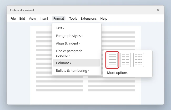 How to Switch Back to One Column in Google Docs 1 Online document editor Format menu open to Columns with the single-column preset highlighted