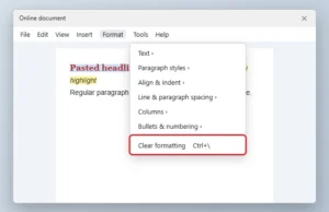 Online document editor Format menu open with Clear formatting highlighted over selected text