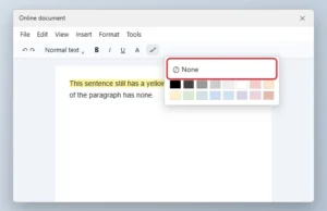 Online document editor highlight color palette open with the None option highlighted