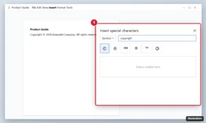 Online document editor with the Special characters dialog searching for copyright and the copyright symbol highlighted
