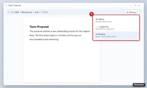 Online document editor with the mode menu open and Viewing selected, which hides comments and suggestions in the margin