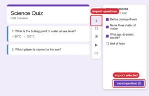 Online form builder with the floating toolbar Import questions button and a panel listing questions from another form to select