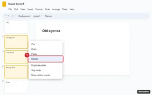 Online presentation editor with three slide thumbnails selected in the filmstrip and the right-click menu open with Delete highlighted