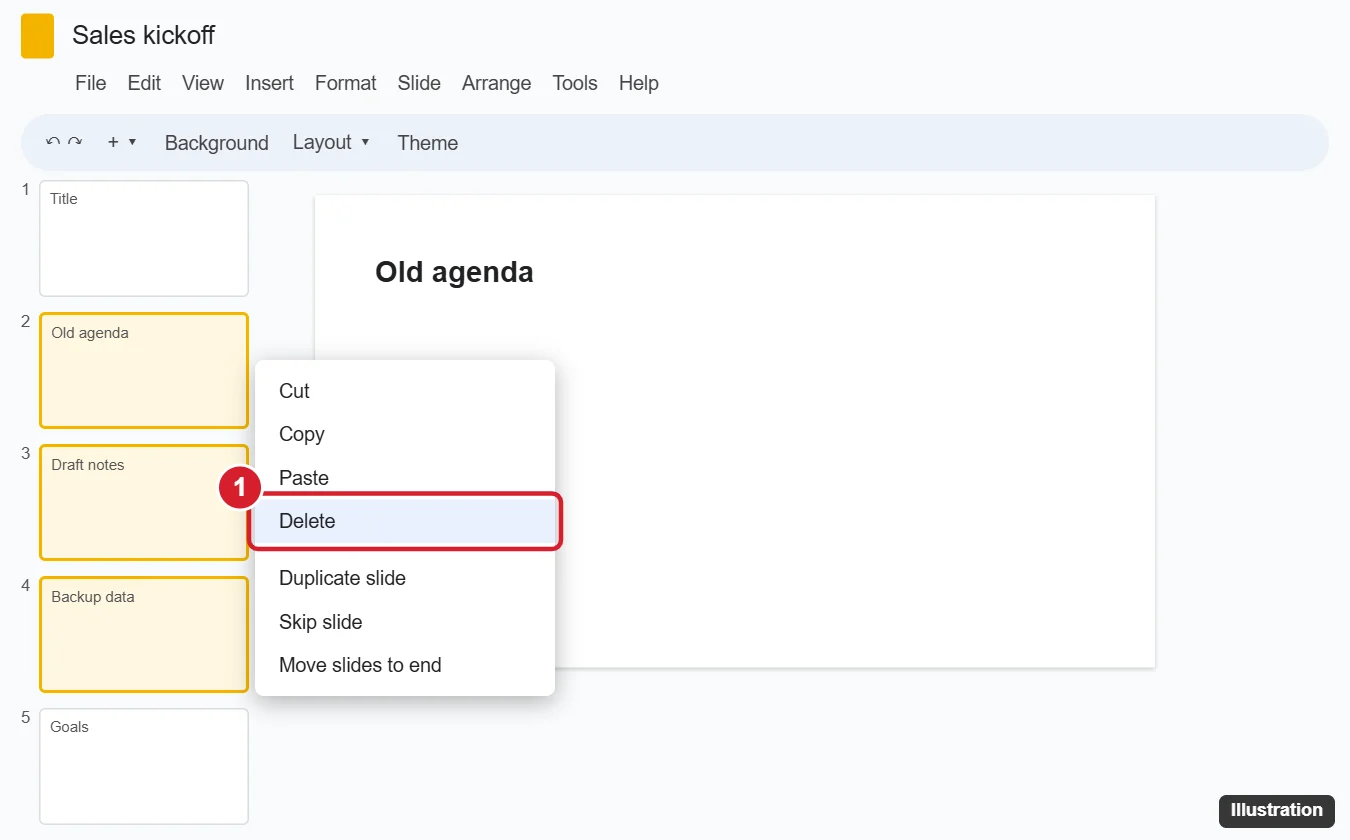 How to Delete More Than One Slide at a Time in Google Slides 1 Online presentation editor with three slide thumbnails selected in the filmstrip and the right-click menu open with Delete highlighted