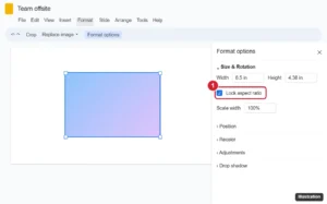 Online presentation editor with a picture selected and the Format options panel open to Size and Rotation, the Lock aspect ratio checkbox highlighted