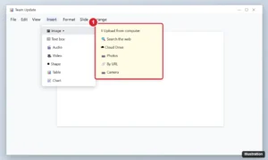 Online presentation editor with Insert and Image menus open showing Upload from computer, Search the web, Drive, Photos, By URL and Camera