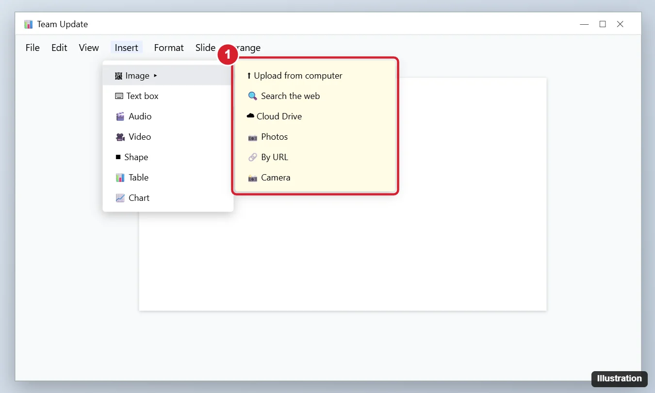 How to Insert a Picture in Google Slides (Every Method) 1 Online presentation editor with Insert and Image menus open showing Upload from computer, Search the web, Drive, Photos, By URL and Camera