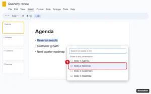 Online presentation editor with text selected and the Insert link box open, the Slides in this presentation list showing slide titles with one highlighted