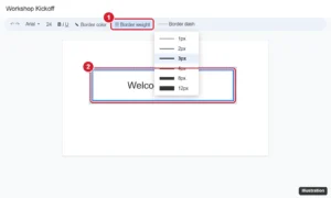 Online presentation editor with a text box selected and the border weight menu open on the toolbar, next to border color and border dash options