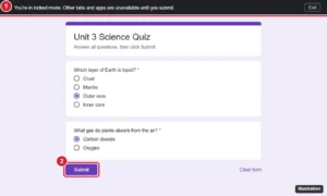 Online quiz open in locked mode on a school laptop with the locked mode banner and the Submit button highlighted