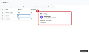 Online spreadsheet with a cell right-clicked and its edit history popup showing who changed the value, when, and the previous value