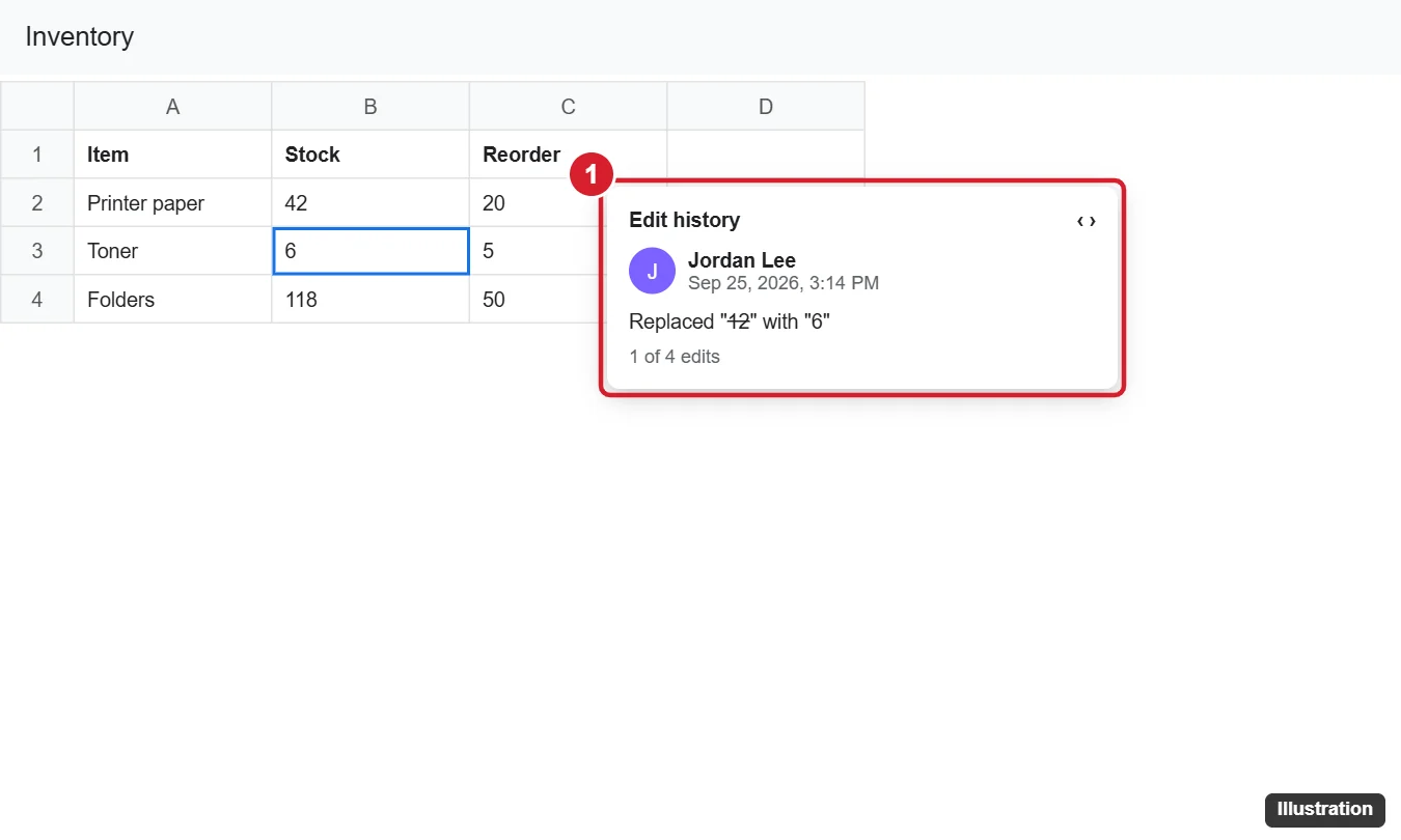 Online spreadsheet with a cell right-clicked and its edit history popup showing who changed the value, when, and the previous value