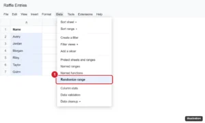 Online spreadsheet with a list of names selected and the Data menu open showing Randomize range highlighted