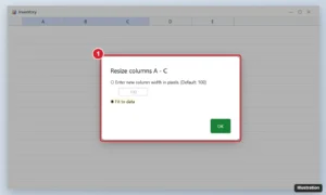 Online spreadsheet with columns selected and the Resize columns dialog set to Fit to data