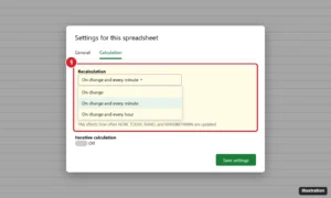 Online spreadsheet Settings dialog on the Calculation tab with Recalculation set to On change and every minute and Iterative calculation off