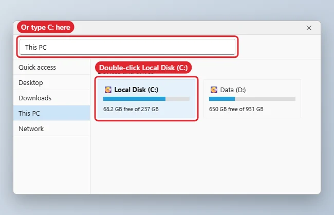 How to Access the C Drive in Windows 10 1 File Explorer This PC view with Local Disk (C:) highlighted