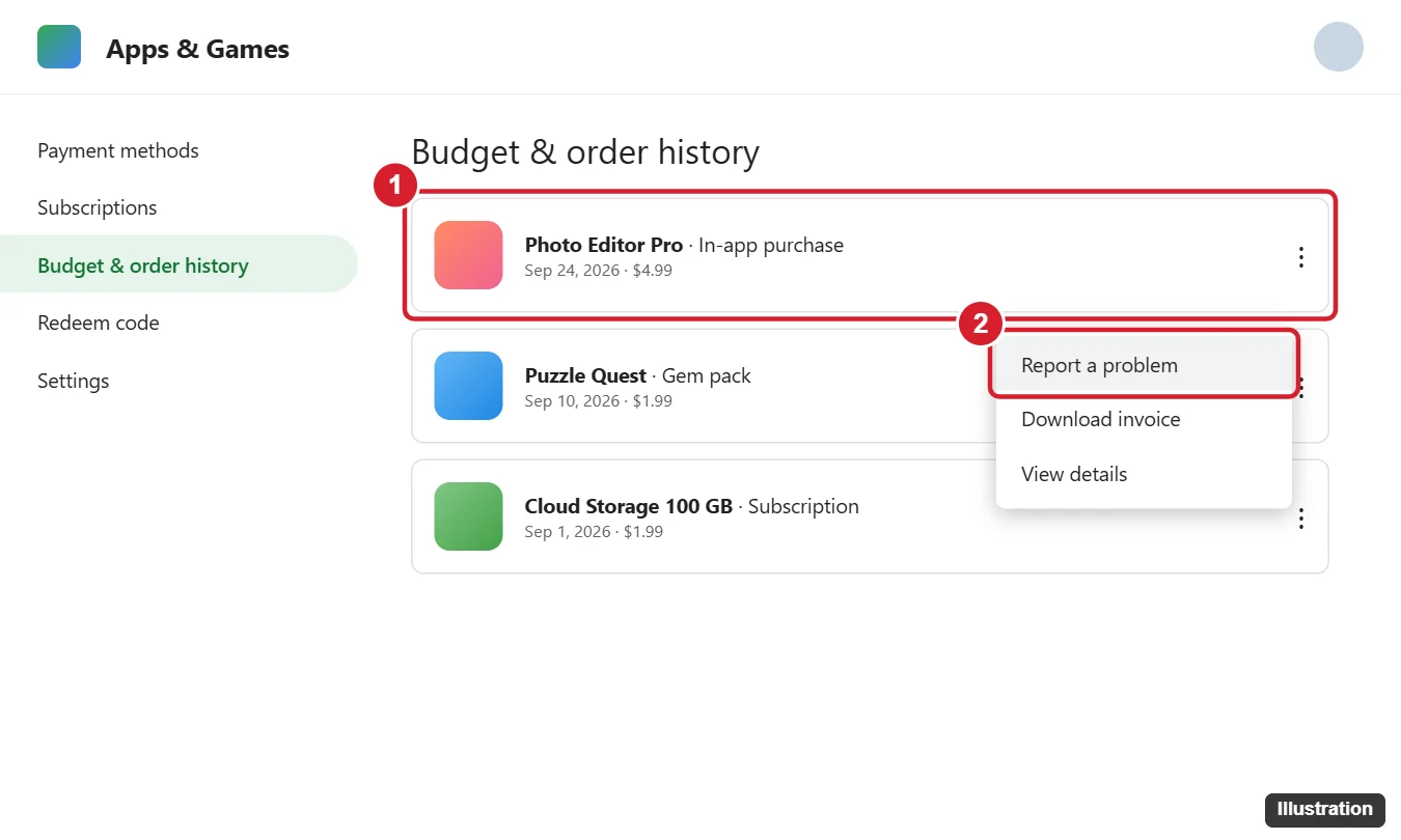 App store Budget and order history page with a recent purchase and the Report a problem option highlighted