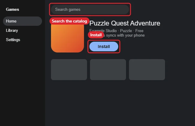PC games app showing a mobile game listing with the Install button