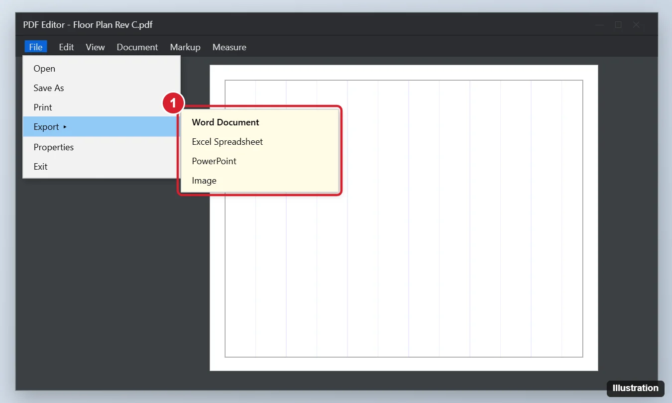 PDF editor File menu open with Export and Word Document highlighted to convert a marked-up drawing PDF