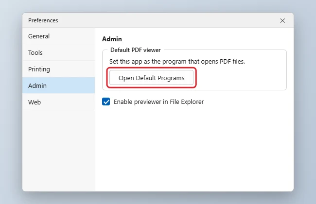PDF editor Preferences Admin page with the Open Default Programs button for the default PDF viewer highlighted