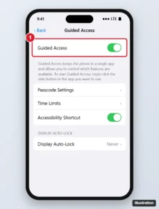 Phone Accessibility Guided Access settings with the Guided Access switch turned on and highlighted, plus Passcode Settings, Time Limits and Accessibility Shortcut options
