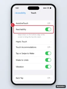 Phone accessibility Touch settings with the Reachability switch highlighted