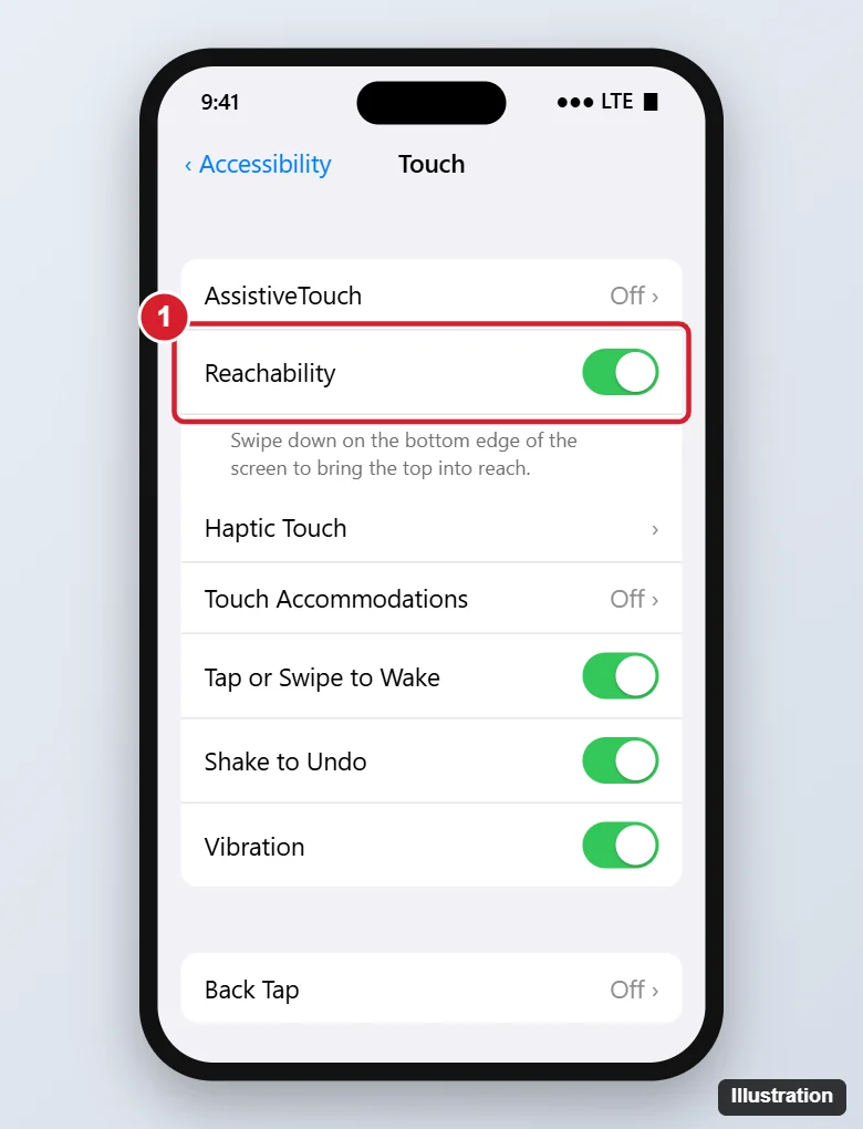 How to Turn Reachability On or Off on iPhone (Stop the Screen Moving Down) 1 Phone accessibility Touch settings with the Reachability switch highlighted