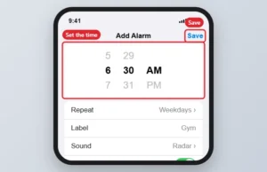Phone Add Alarm screen with time wheels, Repeat, Label, Sound and Snooze options and a Save button