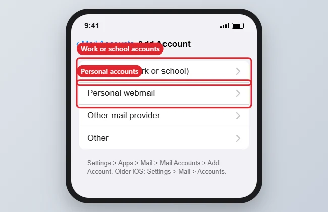 How to Set Up Outlook Email on an iPhone 1 Phone Add Account screen listing mail account types