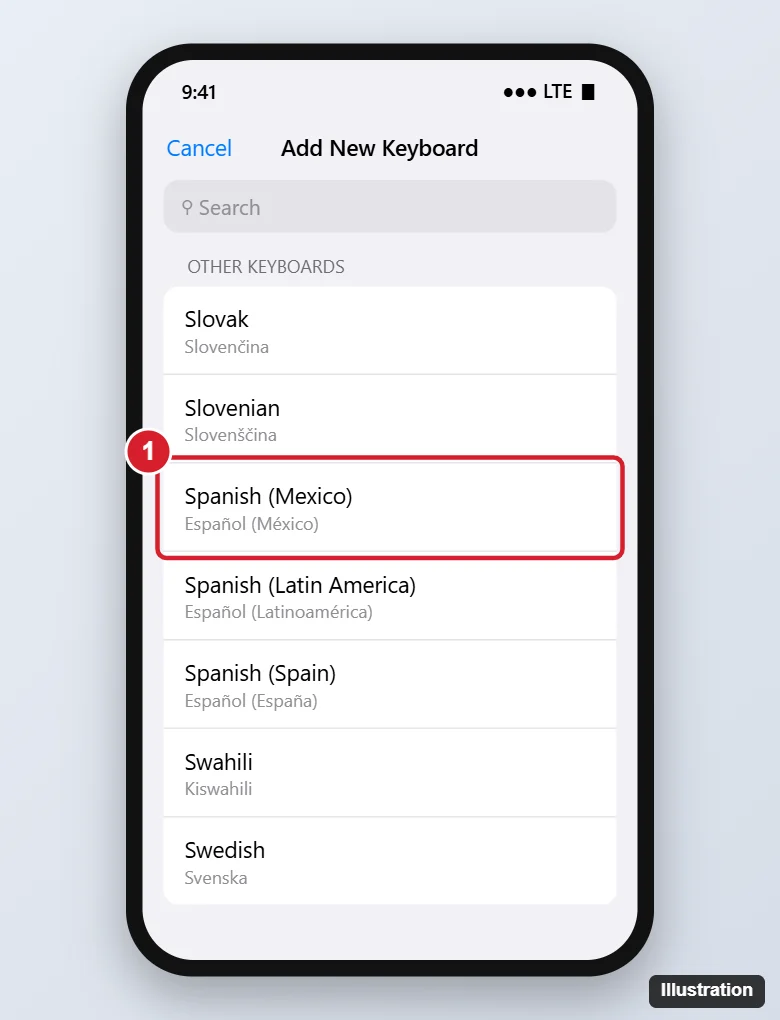 How to Add a Spanish Keyboard on an iPhone 7 1 Phone Add New Keyboard screen listing Spanish keyboard options for Mexico, Latin America and Spain, with Spanish (Mexico) highlighted