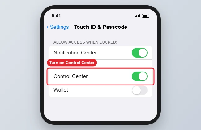 Passcode settings with the Control Center switch under Allow Access When Locked highlighted