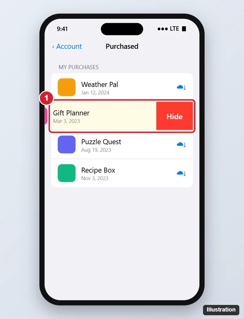 How to Hide a Purchased App on Your iPhone (and Unhide It) 1 Phone app store Purchased list with one app swiped left to reveal a red Hide button