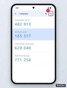 Phone authenticator app with one account code selected by long press and the delete (trash) icon in the top bar highlighted