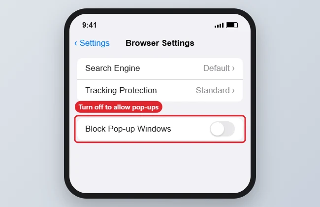How to Allow Pop-Ups in Firefox on iPhone 1 Browser settings with the Block Pop-up Windows switch highlighted