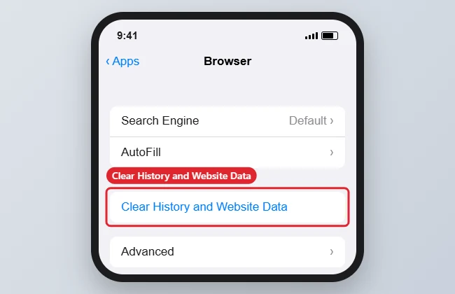 How to Clear Cache on an iPhone 13 1 Browser settings with Clear History and Website Data highlighted