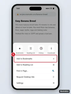 Phone browser with the three-dot menu open and Add to Bookmarks highlighted, above Add to Reading List and other options