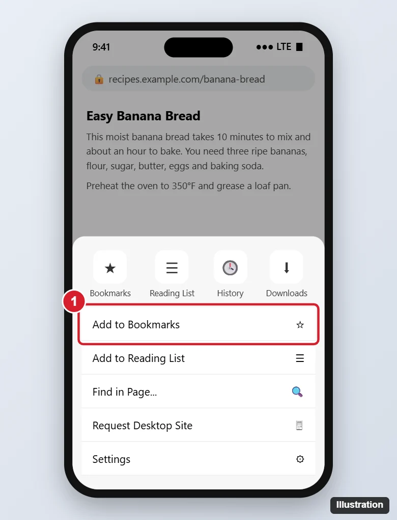 How to Create a Bookmark in the Google Chrome App on iPhone 1 Phone browser with the three-dot menu open and Add to Bookmarks highlighted, above Add to Reading List and other options