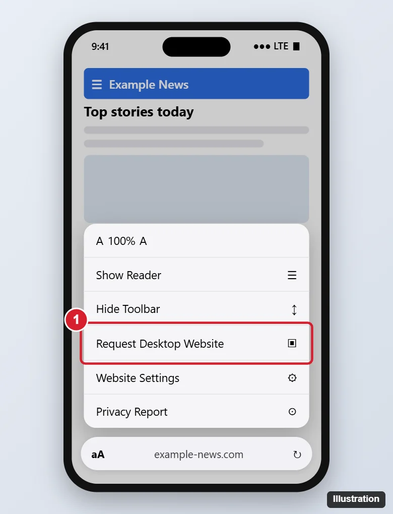 Phone web browser with the page menu open and the Request Desktop Website option highlighted