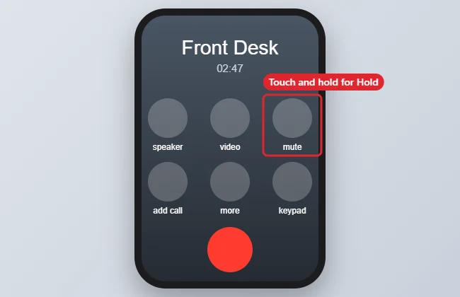 How to Put a Call on Hold on iPhone 1 Phone in-call screen with the Mute button highlighted and a label saying touch and hold to put the call on hold