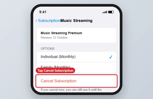 How to Cancel a Tidal Subscription on iPhone 1 Phone subscription screen for a music service with Cancel Subscription highlighted