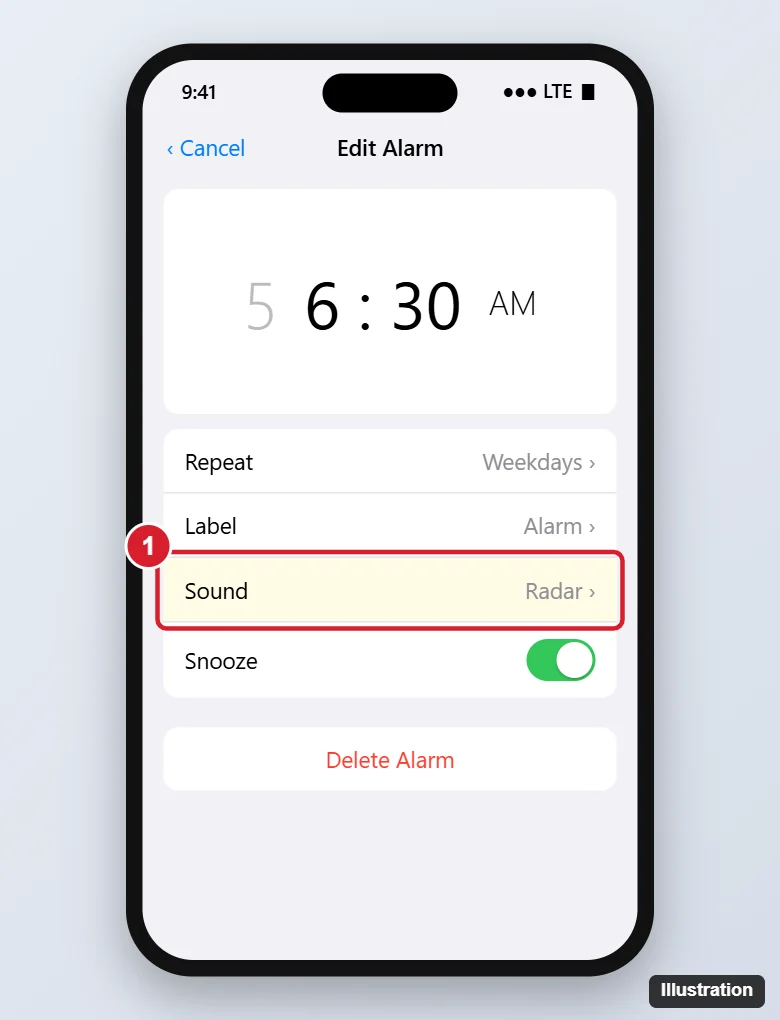 How to Change the Alarm Sound on iPhone 15 (Tones, Songs, Vibration) 1 Phone Clock Edit Alarm screen with the time wheel, Repeat, Label, a highlighted Sound row set to a tone, and a Snooze switch