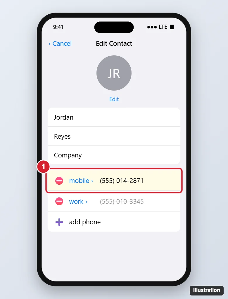 How to Update a Contact’s Phone Number on iPhone 1 Phone Contacts edit screen with the mobile number field highlighted and a red minus to delete an old number