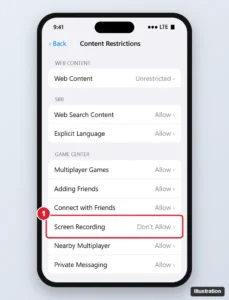Phone Content Restrictions settings with the Game Center section Screen Recording option set to Don’t Allow highlighted