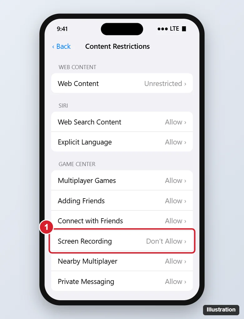 How to Disable Screen Recording on an iPhone 11 1 Phone Content Restrictions settings with the Game Center section Screen Recording option set to Don't Allow highlighted