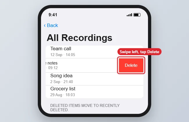 How to Delete a Voice Memo on an iPhone 7 (and Newer iPhones) 1 Phone recordings list with one recording swiped left to show a red Delete button