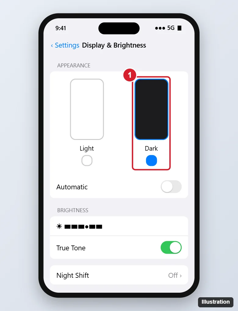 How to Use Dark Mode in the Apple Music App 1 Phone Display and Brightness settings with Dark appearance selected, which switches music and other apps to dark mode