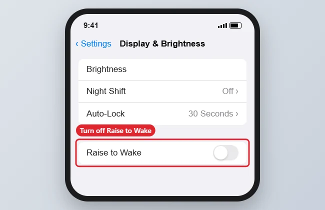 How to Disable Raise to Wake on an iPhone 7 1 Display and Brightness settings with the Raise to Wake switch highlighted